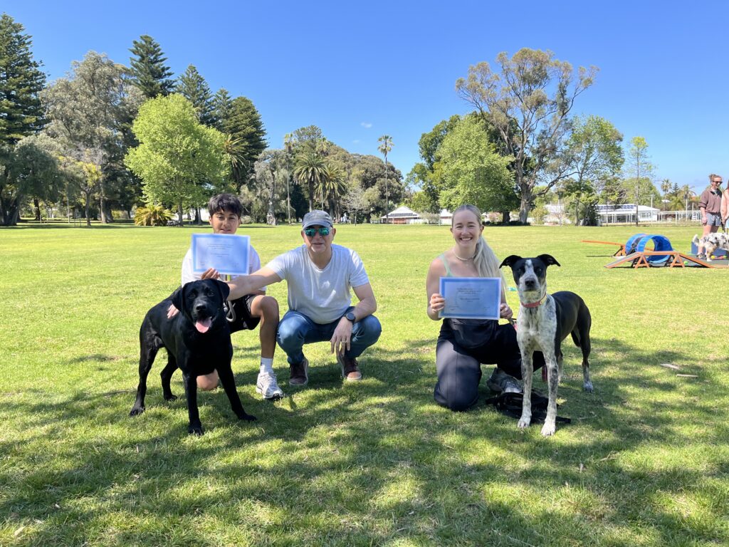Happy dog owners with their dogs after agility training session outdoors.