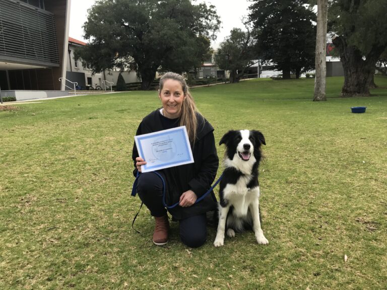 Happy woman with Border Collie after dog training certification outdoors.