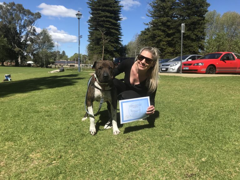 Woman with her dog holding a training certificate outdoors in a park.