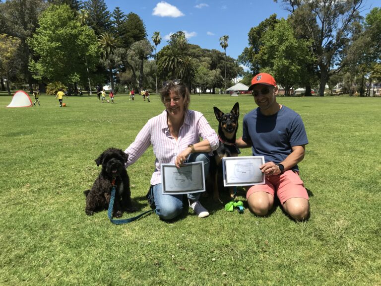 Happy dog owners with their certified dogs at Agile Dogs training event.