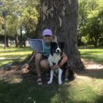 Dog and girl training outdoors in a park with lush greenery.