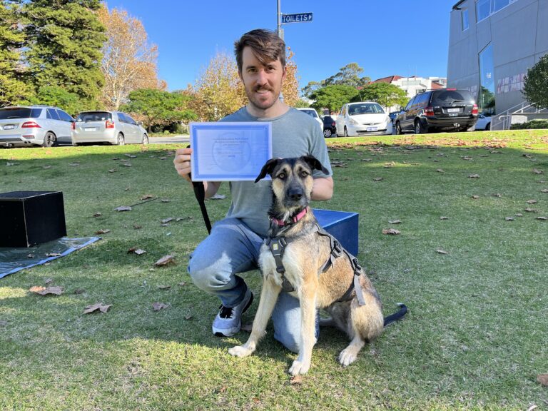 Man with trained dog holding certification outdoors in park.