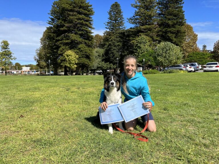 Happy woman with her dog during agility training outdoors.