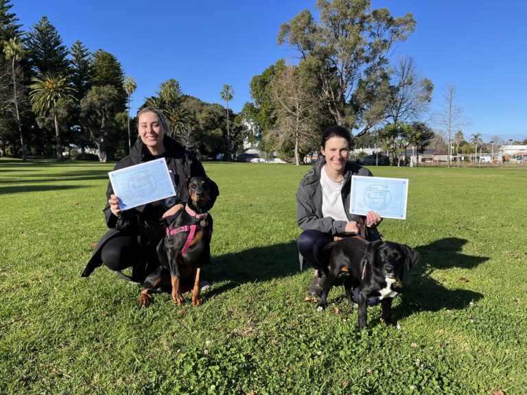 Two women with dogs holding training certificates outdoors in a park.