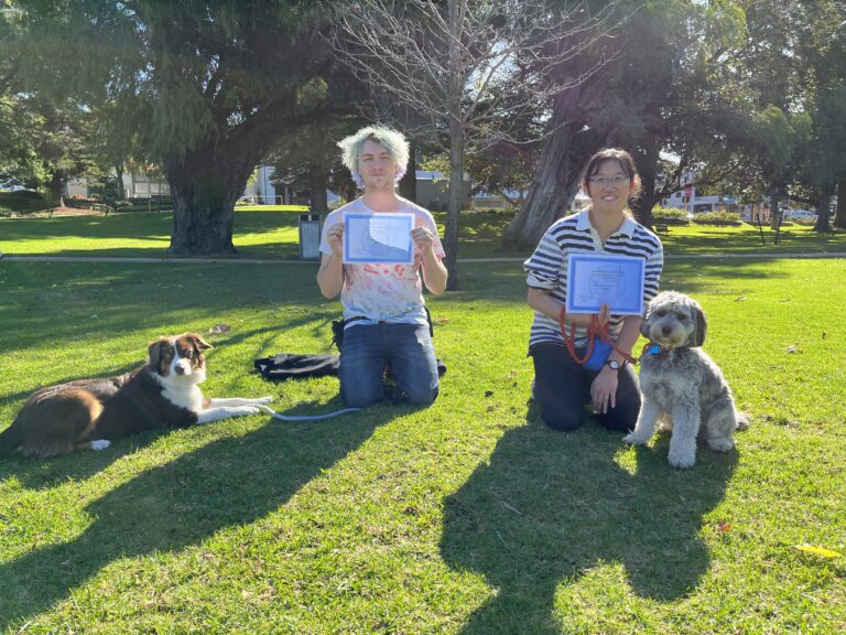 Agile Dogs team with dogs outdoors, celebrating achievement in a park setting.