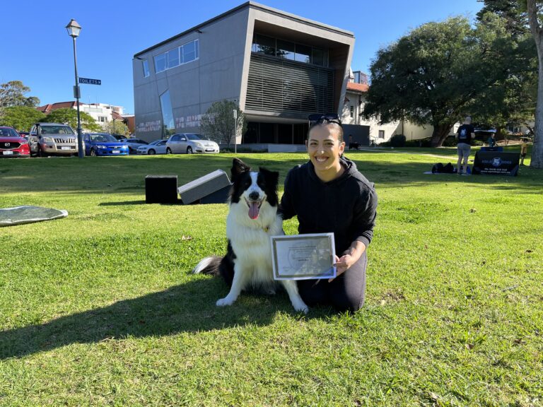 Happy woman with Border Collie holding certificate outdoors in park.