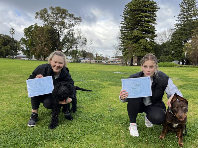 Two women celebrating dog training success with their certified dogs outdoors.