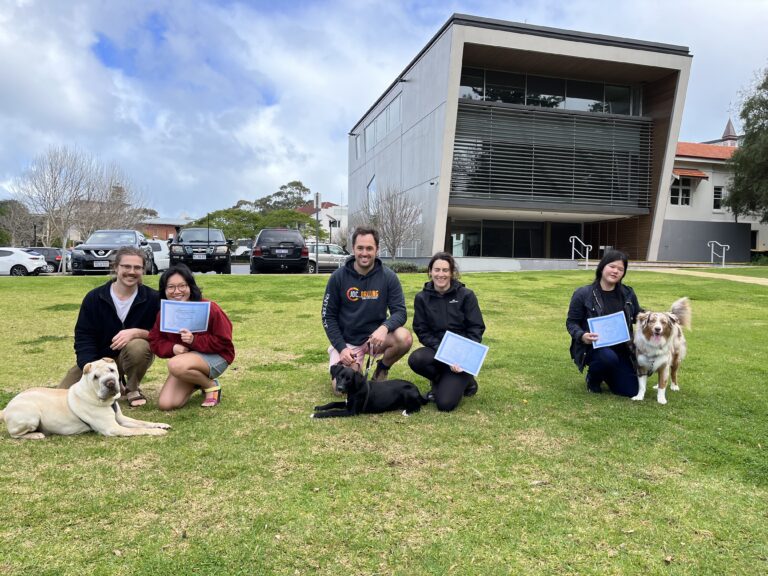 Team members with dogs in front of a modern office building during daytime.
