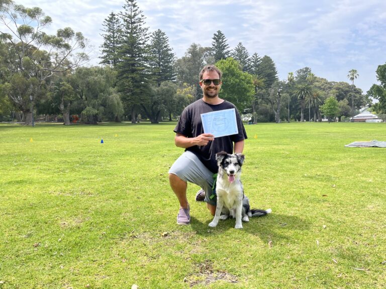 Man with dog celebrating dog training certification outdoors.