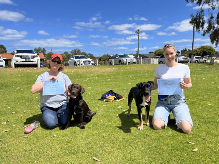 Two women with dogs holding certificates outdoors on a sunny day.
