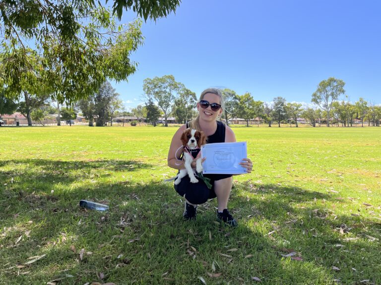 Woman with dog during agility training in park, sunny day, outdoor activity.