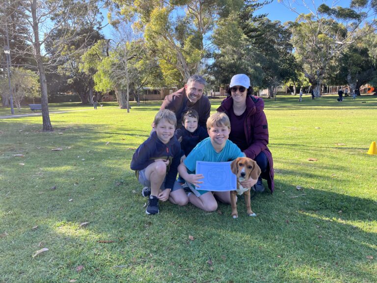 Family with dog during training session in park, Agile Dogs.