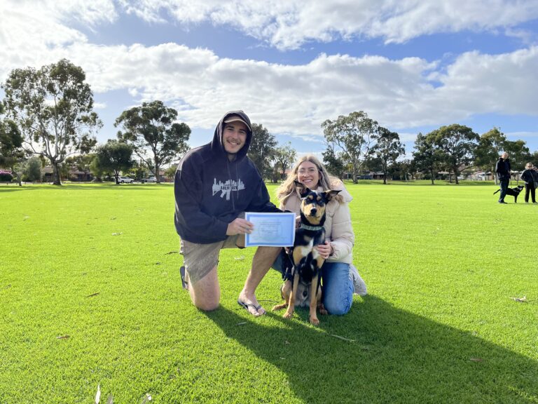 Happy dog owner and trainer celebrating certification outdoors with their dog.