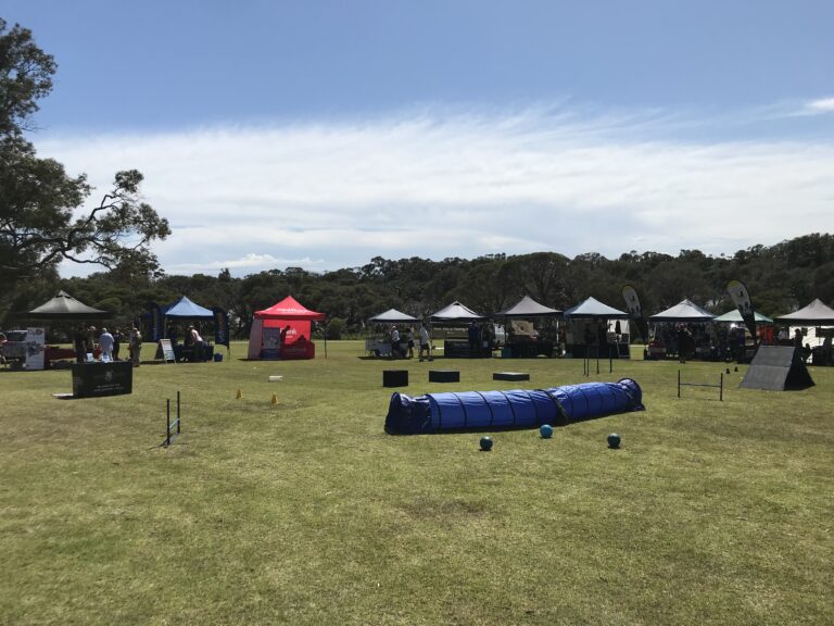 Agile Dogs agility training event with tents and obstacles on a grassy field.