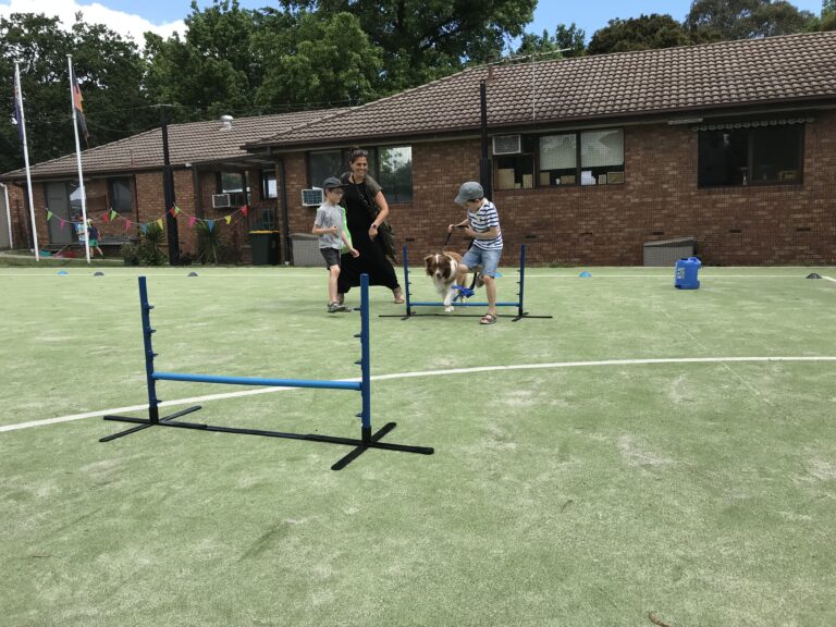 Children and dog participating in agility training outdoors.