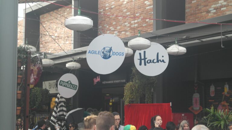 Agile Dogs entrance with hanging signs and outdoor seating area.