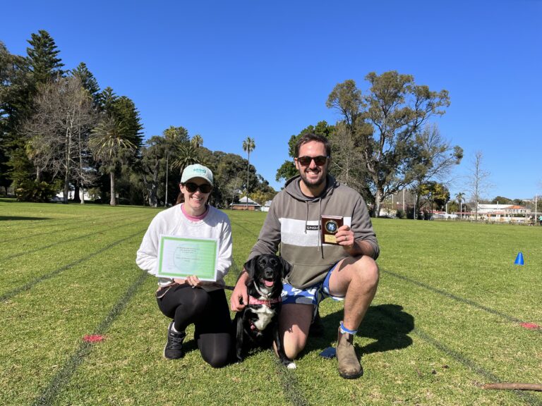 Happy dog owner and trainer with their dog during agility training session in park.