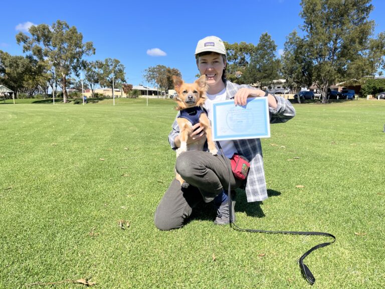 Happy dog owner with award certificate in park, showcasing agility training success.