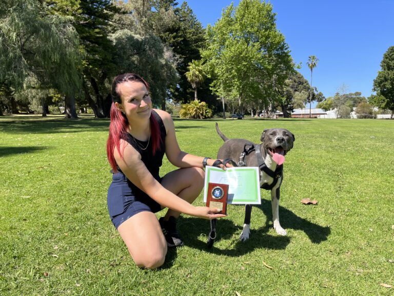 Woman with dog celebrating dog training success outdoors.