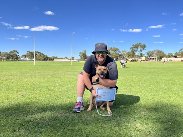 Happy trainer with dog during agility training on a sunny field.