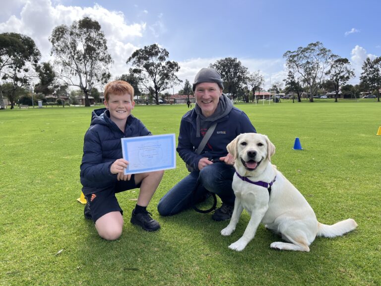 Happy boy, trainer, and Labrador at dog training class outdoors.