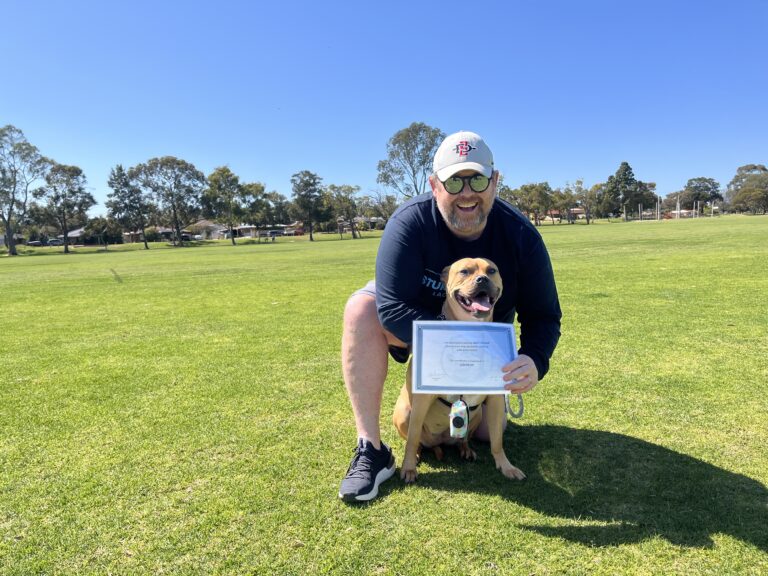 Man with dog holding certificate in a park, celebrating training achievement.