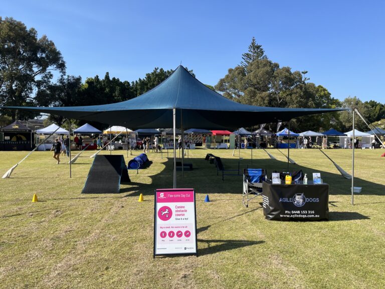 Outdoor dog training event with large canopy, agility equipment, and informational booth at Agile Do.