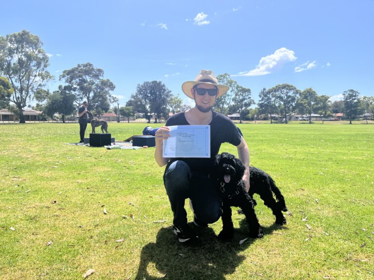 Man with a black poodle celebrating dog training success outdoors.