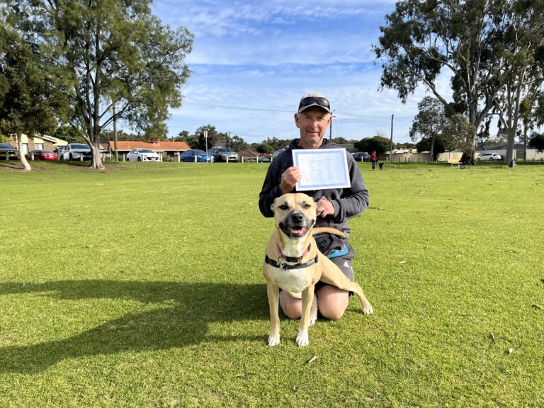Man with dog celebrating dog training certification outdoors.